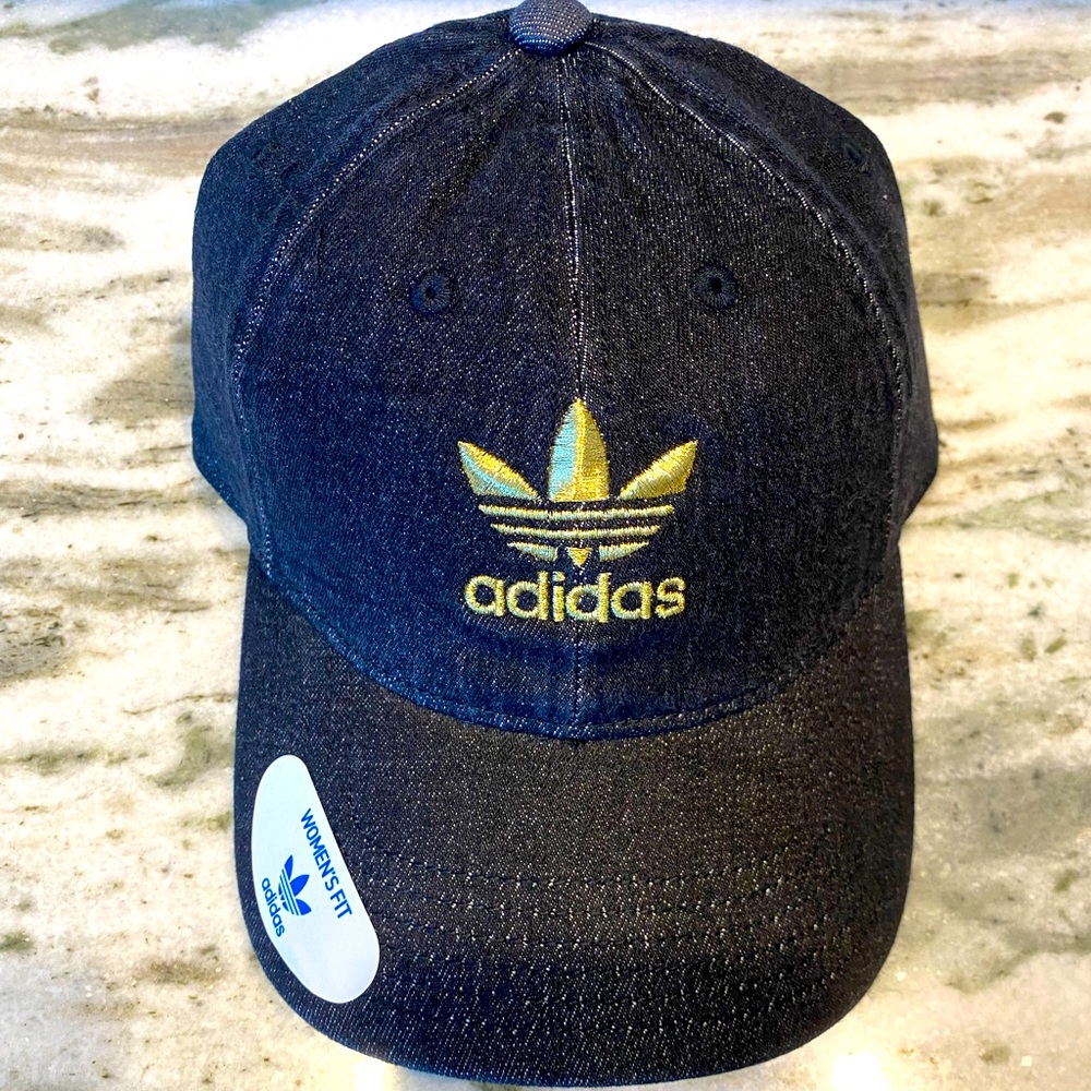 Adidas Originals Women Fit Black Washed Denim Gold Logo Hat, One Size